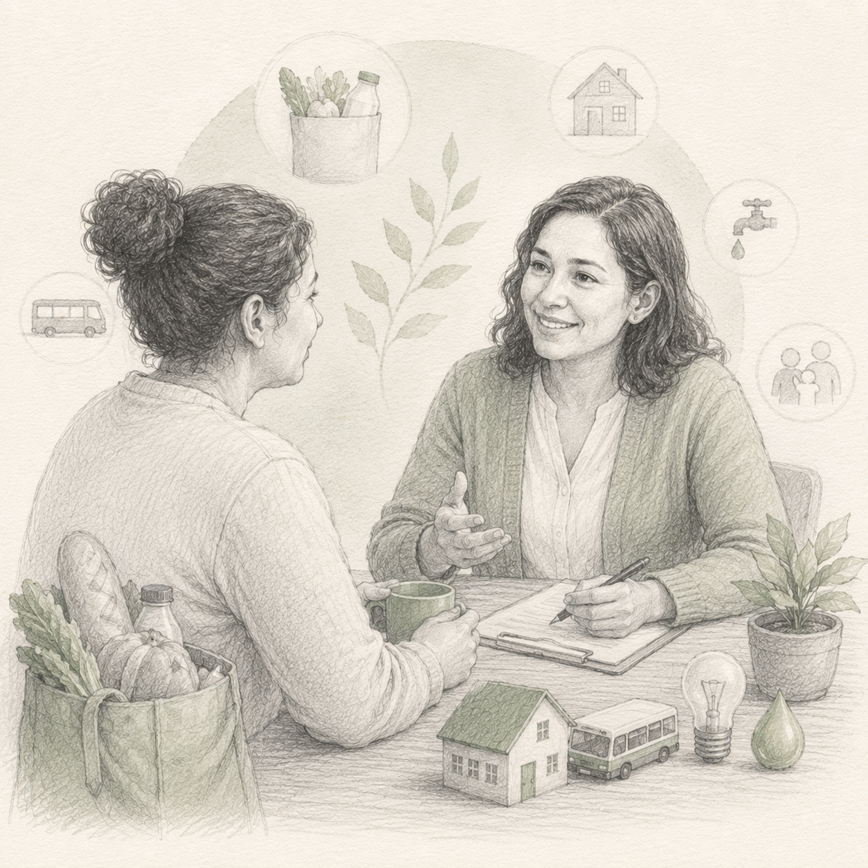 A caregiver supporting a young adult during a home visit.